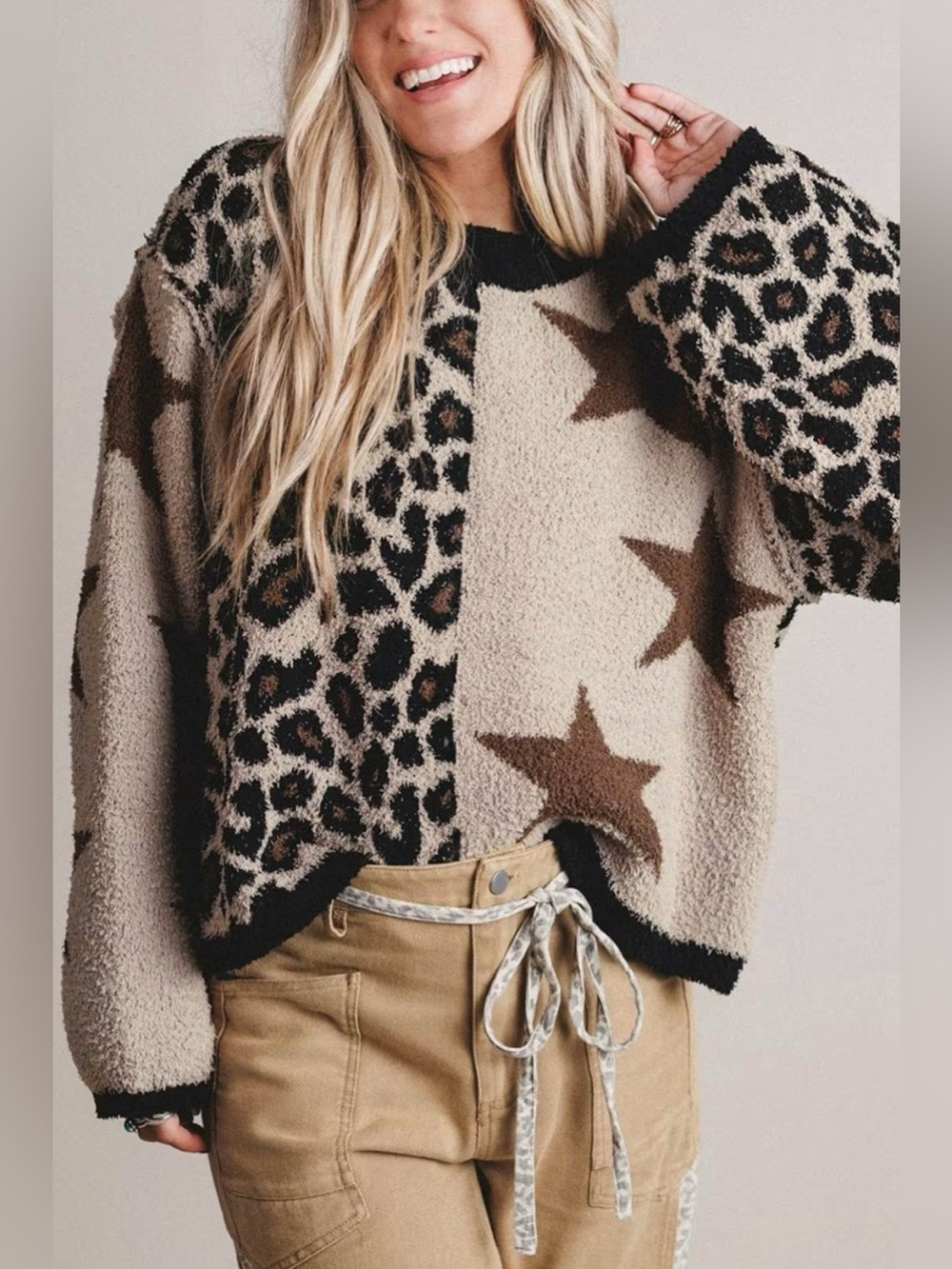 Leopard Star Pattern Round Neck Long Sleeve Shift Sweater - Picture 5 of 15